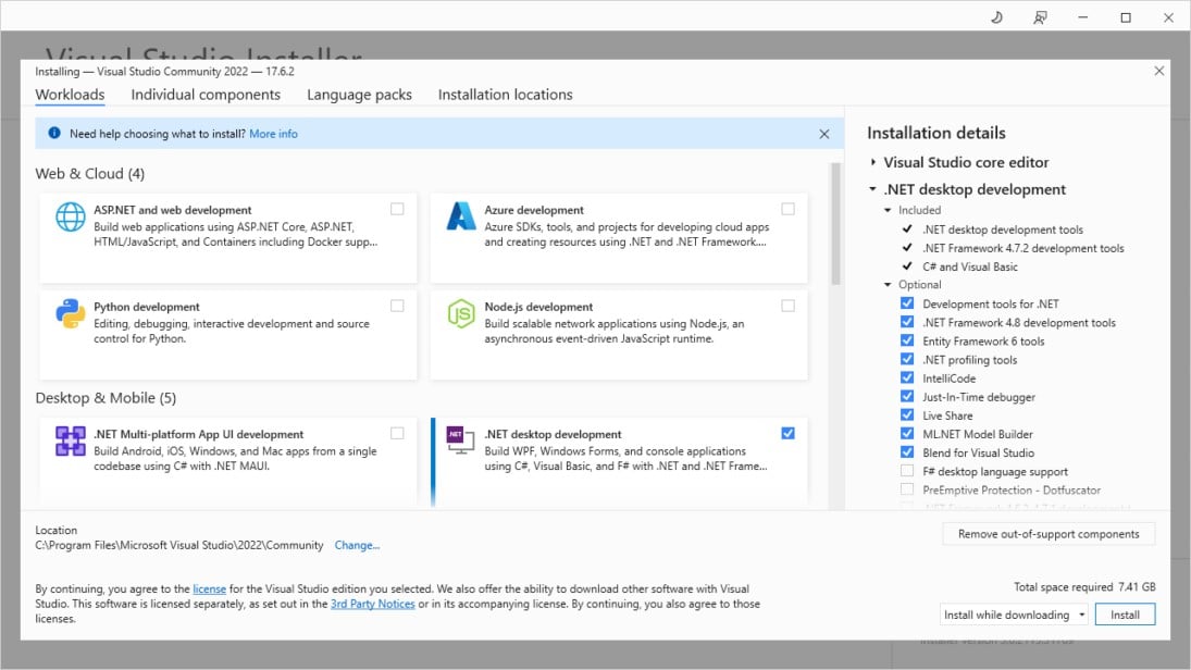 Select .NET desktop development in the Visual Studio installer