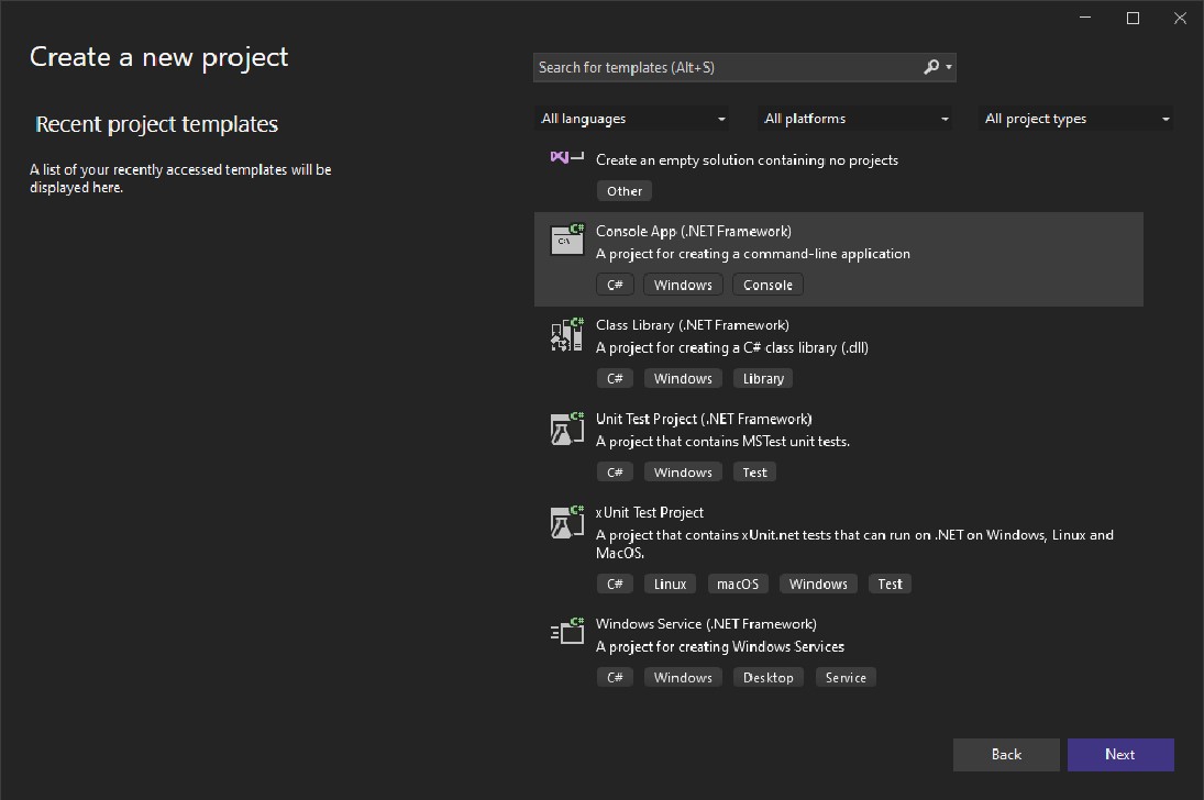 Select the type of project you want and click Next. Visual Studio will create a new project based on the selected template.