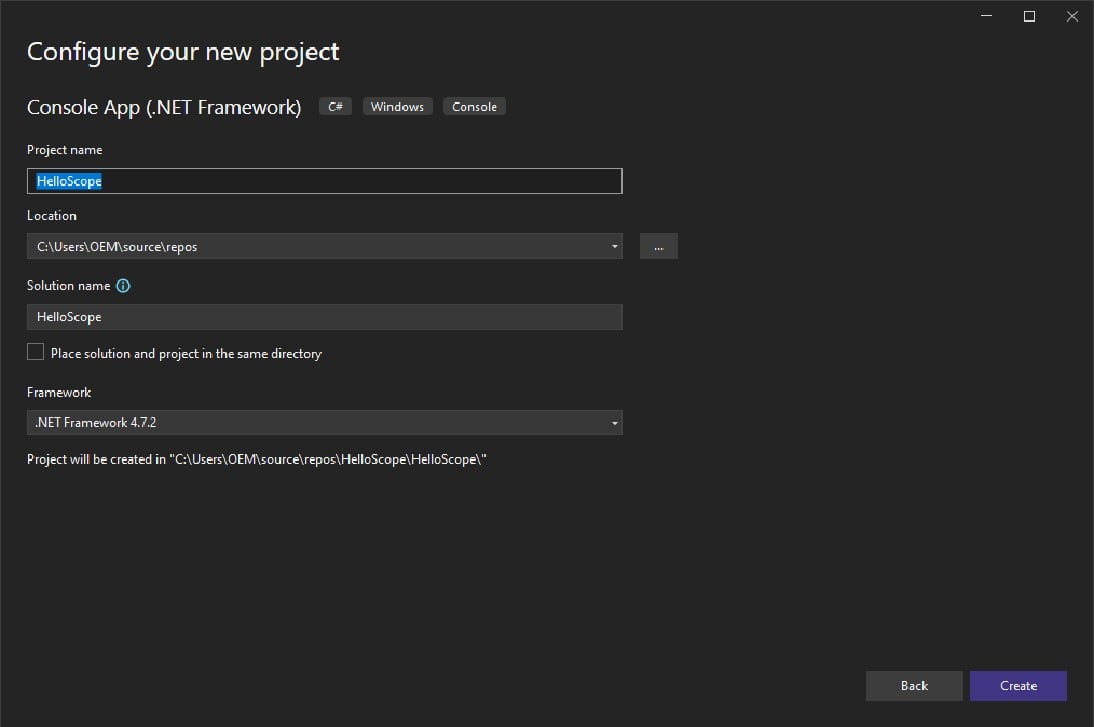 Enter the project’s name into the wizard. You can also change the location of the project here.