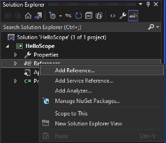Add a reference to VISA by right-click References in the Solution Explorer and selet Add Reference.