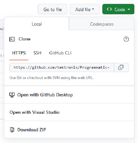 Cloning or downloading the GitHub repository can be accessed from the Green <> Code button on the repo’s main page.