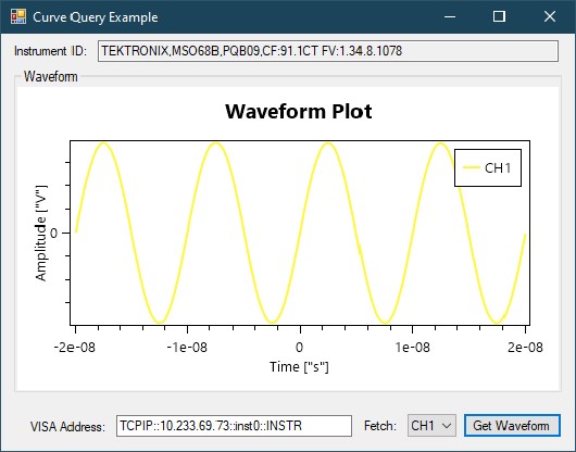The Curve Query Example will fetch waveform data from the oscilloscope and display it on screen.